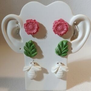 Set of 3 pairs of cold porcelain earrings with an epoxy resin finish. Rose. 2 cm